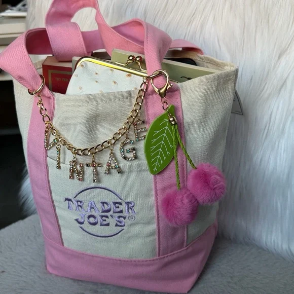 2026 Limited Edition Trader Joe’s Mini Pink Canvas Tote ‘VINTAGE’ & Cherry Charm - Picture 7 of 11